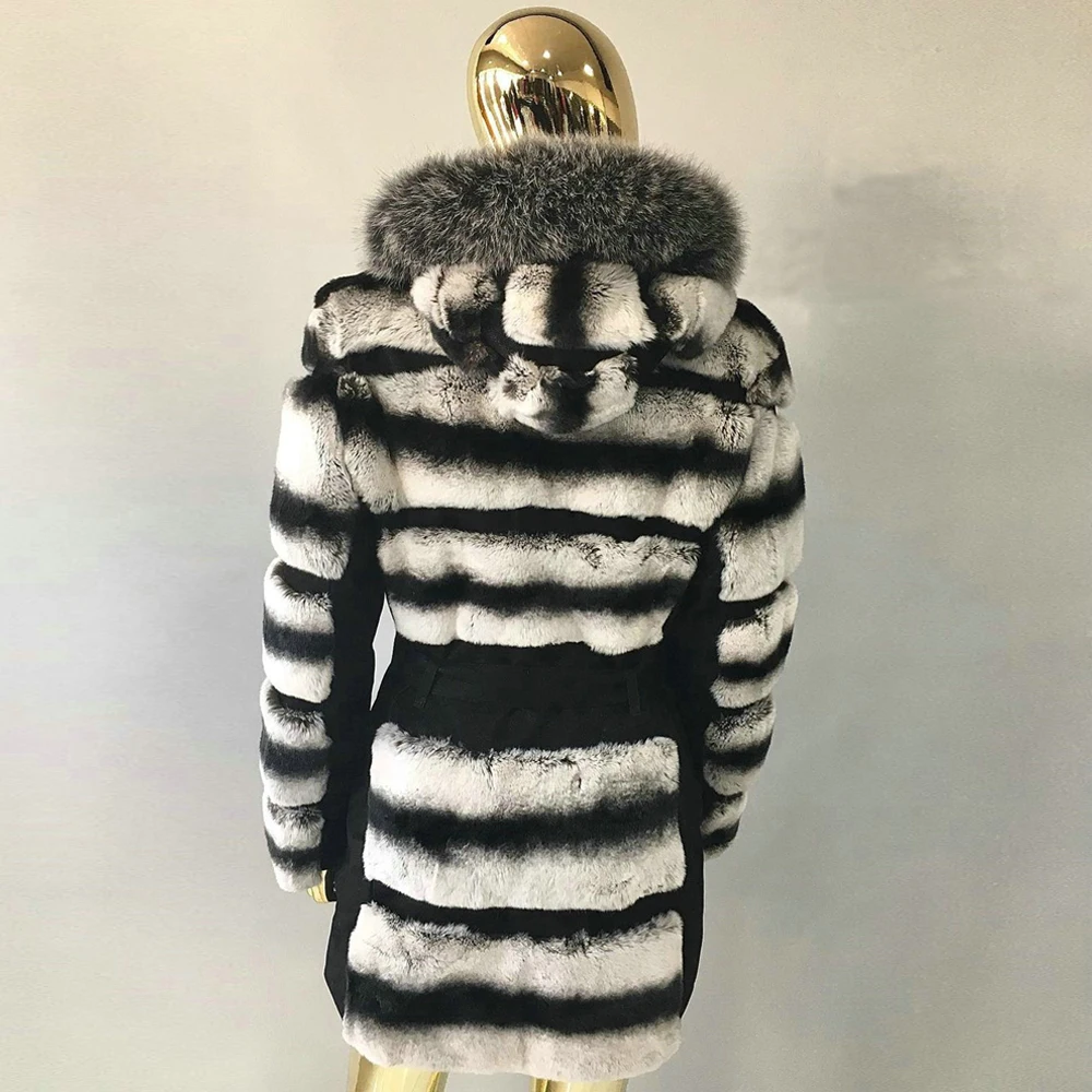 Women Natural Rex Rabbit Fur Jacket with Silver Fox Fur Hood Thick Warm Woman Winter Outwear 2022 New Trendy Rex Rabbit Fur Coat enlarge