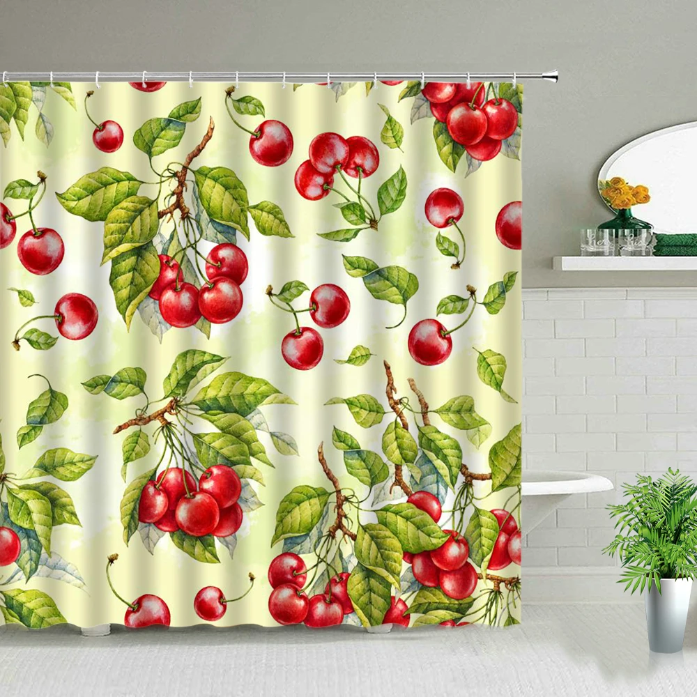 

Red Cherry Shower Curtain Lemon Apple Pineapple Fruit Bathroom Screen Waterproof Fabric Bathtub Decor Hanging Curtains With Hook