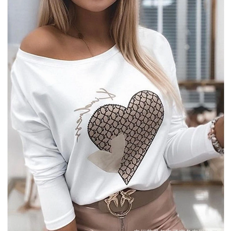 

Mandylandy Off-the-Shoulder Love Top Shirts Women Long Sleeve Heart Printing Blouses Tops Solid White O-neck Tshirt Pullvers