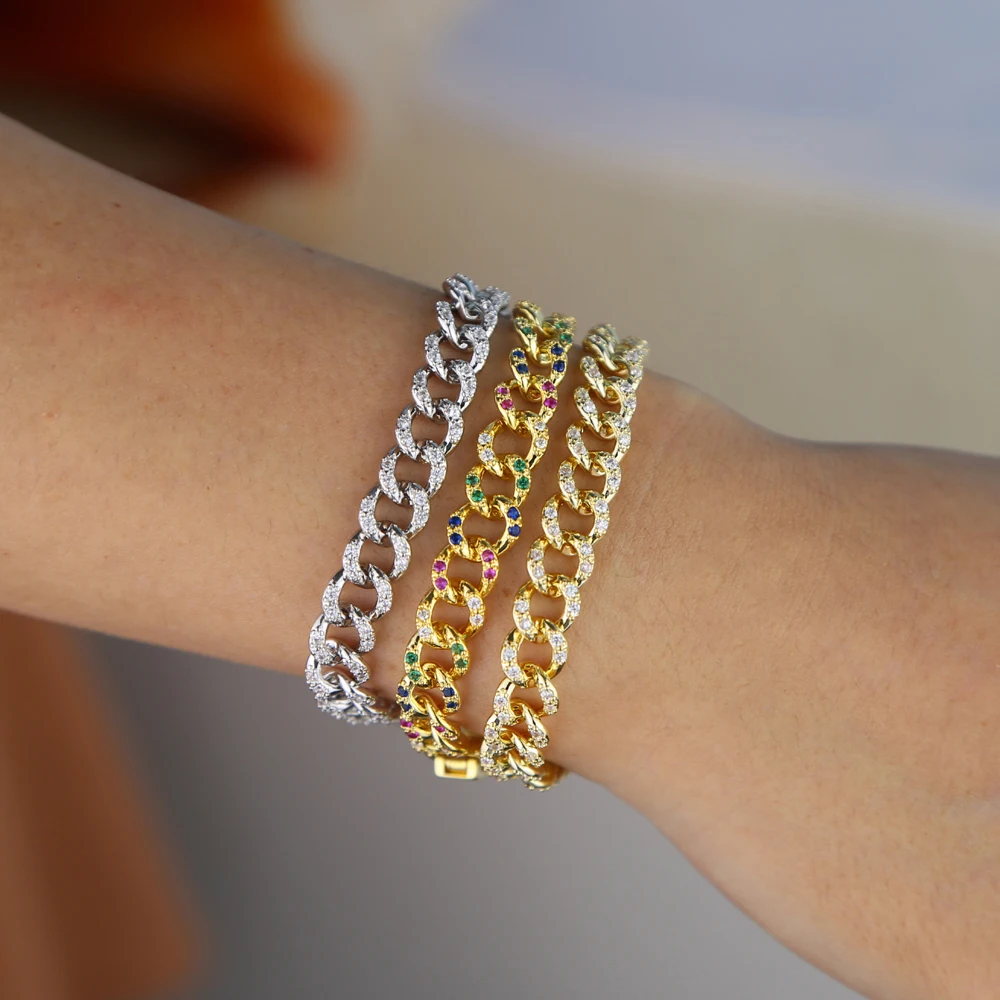Новое поступление красочные Iced out хип-хоп bling micro pave cz женские ювелирные изделия 17 см кубинская цепочка с радугой cz Роскошный Браслет
