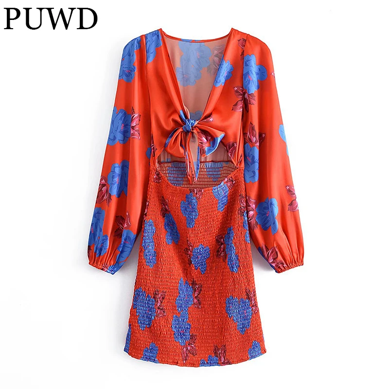 

Женское мини-платье с длинным рукавом, V-образным вырезом и принтом