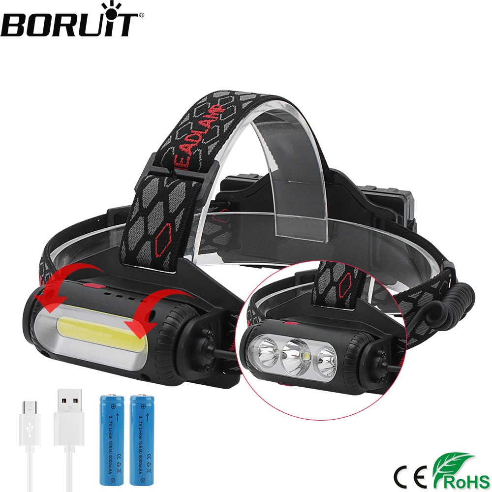BORUiT T6+ XPE+ COB светодиодный налобный фонарь 8-режим с красными и зелеными светильник головной светильник USB Перезаряжаемые налобный фонарь для кемпинга, охоты, флэш-светильник