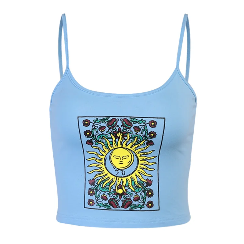 

InsDoit Harajuku Vintage Sexy Blue Camis Women Gothic Print Corset Sleeveless Camisole Streetwear Summer Fashion Casual Crop Top