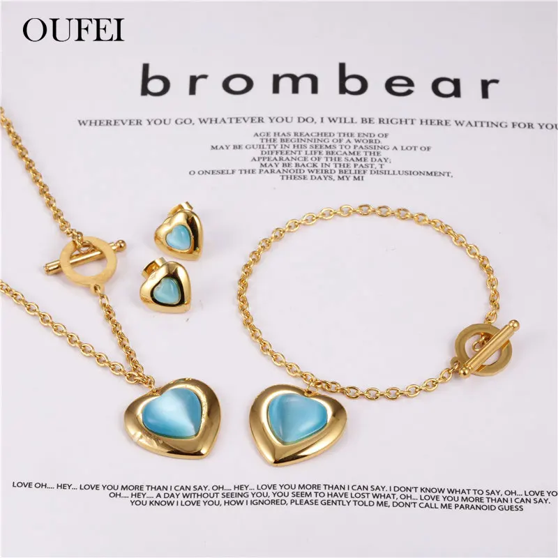 OUFEI опал сердце ожерелье серьги браслет набор ювелирных изделий из нержавеющей