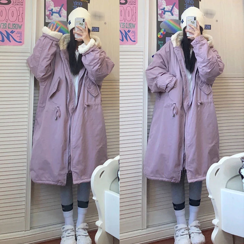 

2022 New Korean Loose Mid-length Cotton-padded Jacket Women's Winter Japan Waist-imitation Lamb Wool Thick Warm Thickening Coats