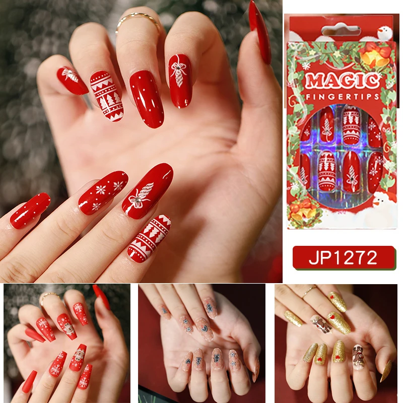 

24 pieces of nail art fake nail stickers full coverage artificial Christmas wear nail art set