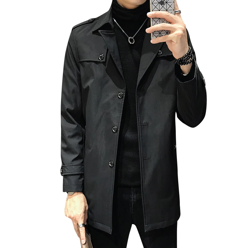 Осеннее черное мужское длинное пальто ветровка модная деловая Повседневная