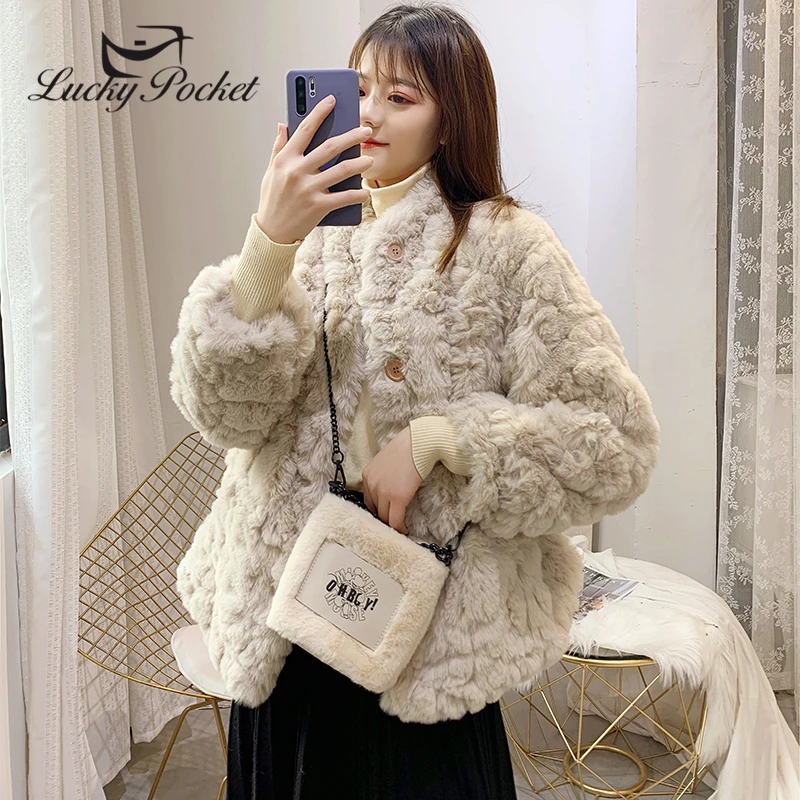 

Women Winter Faux Rabbit Fur Short Thick Solid Color Plush Coat Ladies New Fashion Luxurious Loose Apricot Warm Fur Coat ZY118