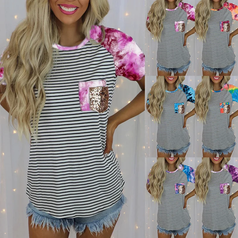 

2021 Summer New Tie Dye Printing Stripe Splicing Round Neck Short Sleeve Pocket Casual T-shirt for Women
