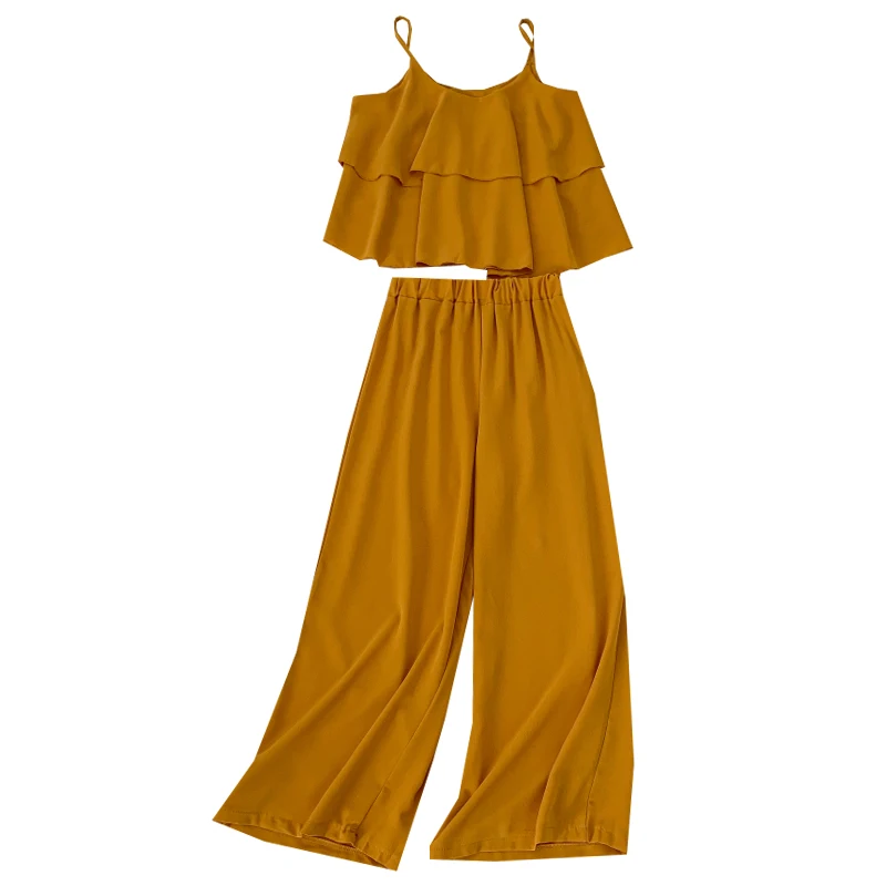 

Kimutomo Fashion Casual Suit 2021 Summer Double Ruffles Solid Sling + Elastic High Waist Wide Leg Pants Korean Chic 2 Piece Set