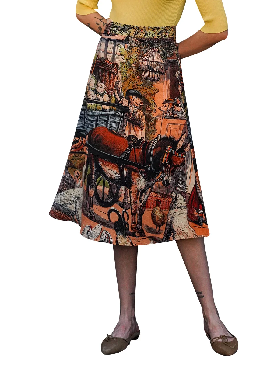 【Biutefou】Original Design 2023 Spring Women Art Illustration Hand Painted Print Skirt