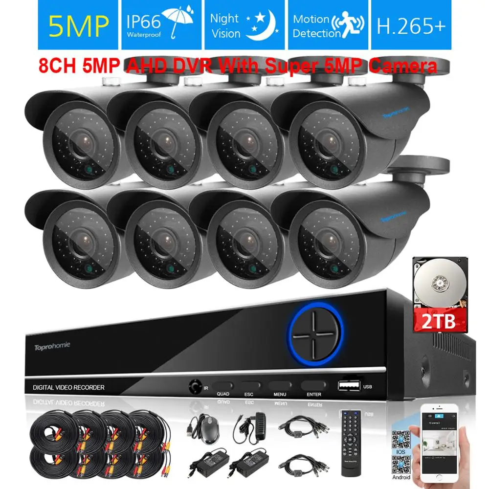 Система охранных камер TOPROHOIME h.265 + 8CH 5MP 1/3 ''SONY Водонепроницаемая камера для