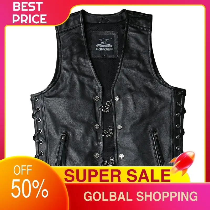 

2021 Black American Motorcycle Style Genuine Leather Vest Men Plus Size 4XL Single Breasted Real Natural Cowhide Spring Coat