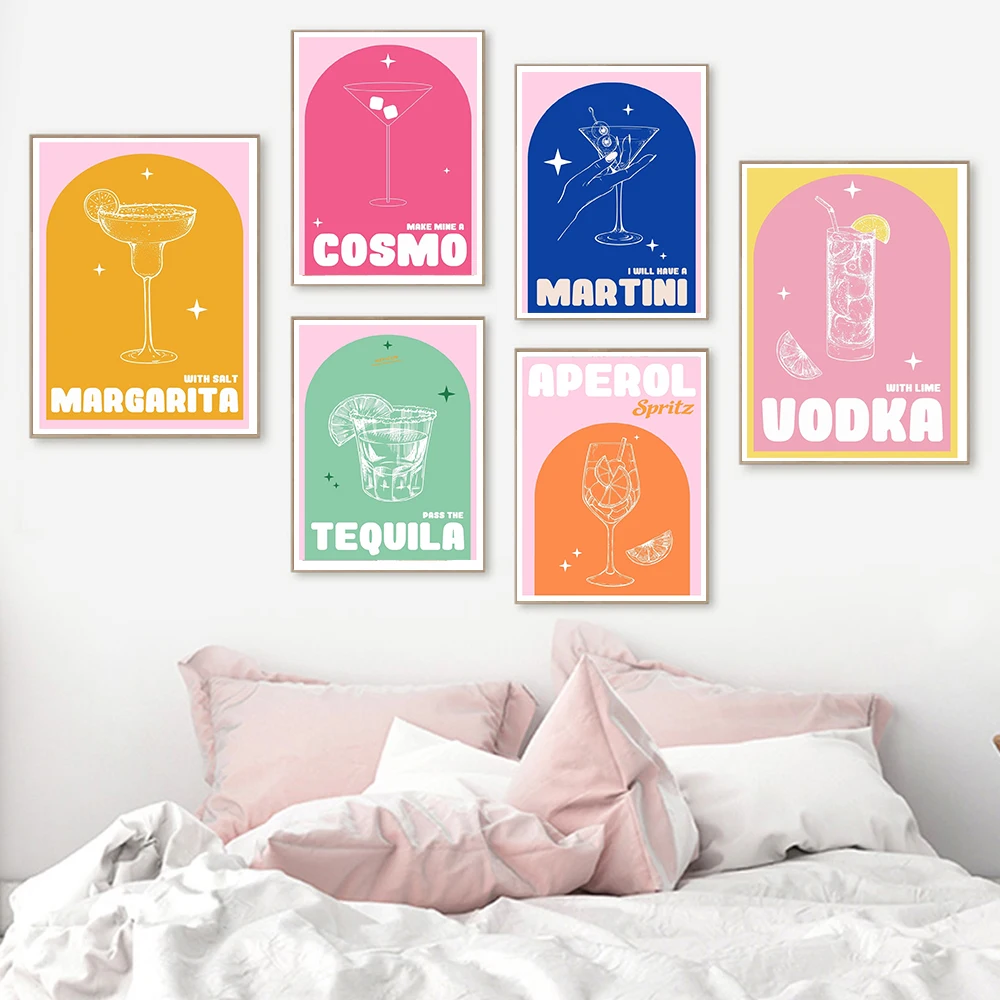 

Modern Cocktail Poster Tequila Martini Gin and Tonic Print Canvas Gallery Wall Cartoon Colorful Liquor Drink Bar Kitchen Decor