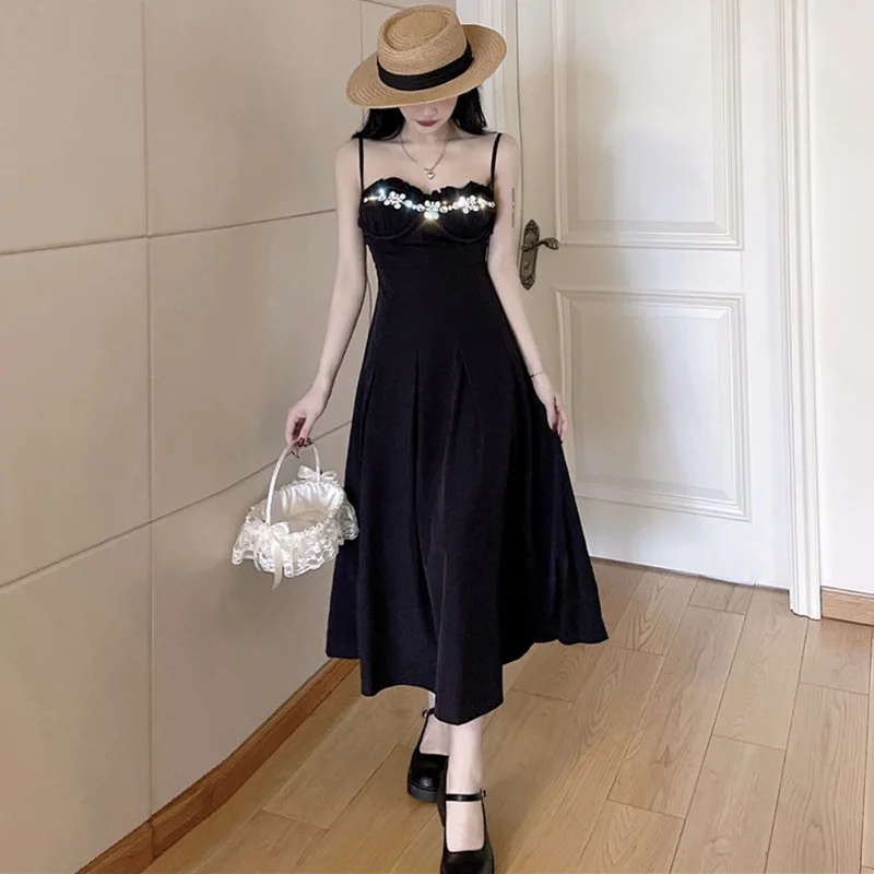 

Женское винтажное платье с открытой спиной, черное ажурное длинное праздничное платье макси на бретелях-спагетти с бусинами, лето 2022