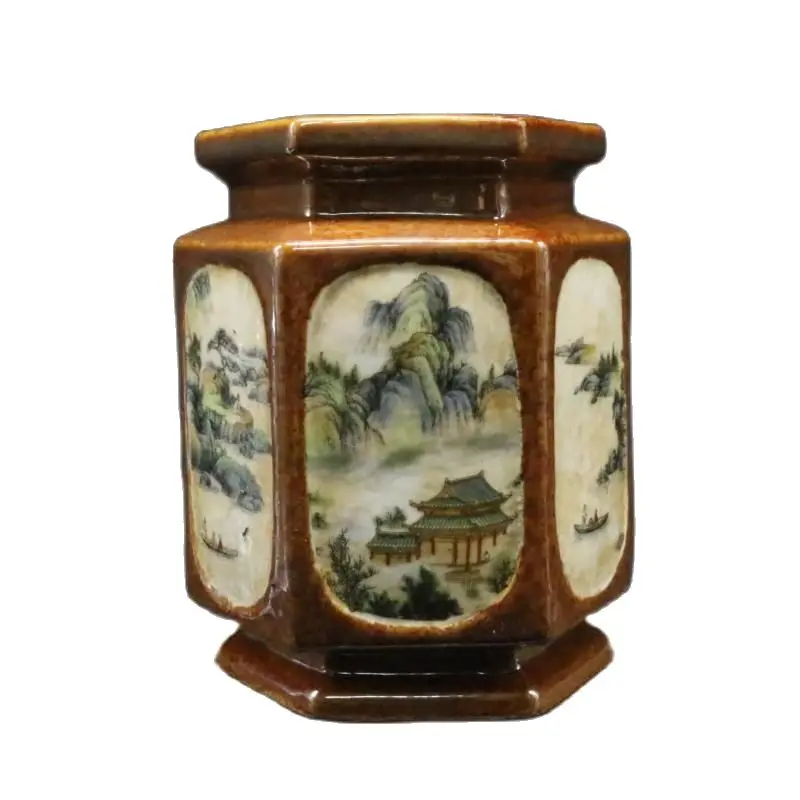 Китайская старая фарфоровая Пастельная Шестигранная подставка для ручек ваза