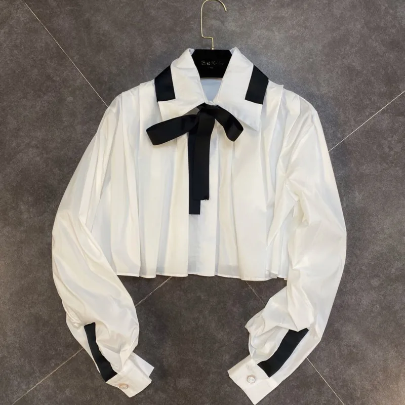 

2020 New Autumn Fashion Casual Lapel Long Sleeve Patchwork Bow White Slim Pleated Fluffy Women Short Shirt Top C103