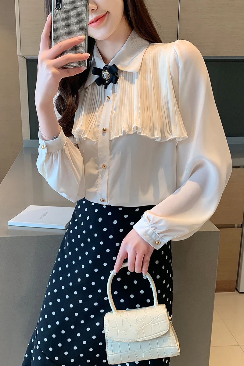 

Autumn Bow Tie Office lady shirt 2020 New long-sleeved Chiffon Tops Ruffles Women Tops blusa feminina