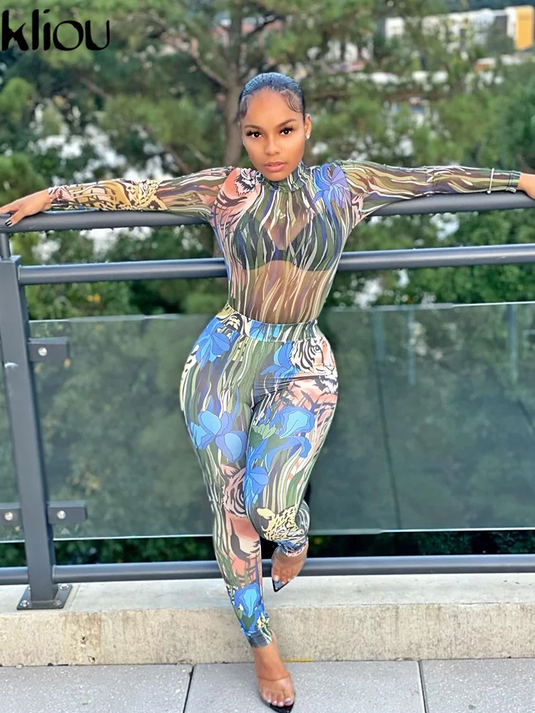 

Kliou Animal Print Two Piece Set Women Hipster Slim Bodysuit+High Waist Body-shaping Pants Matching Outfit Cool Club Streetwear