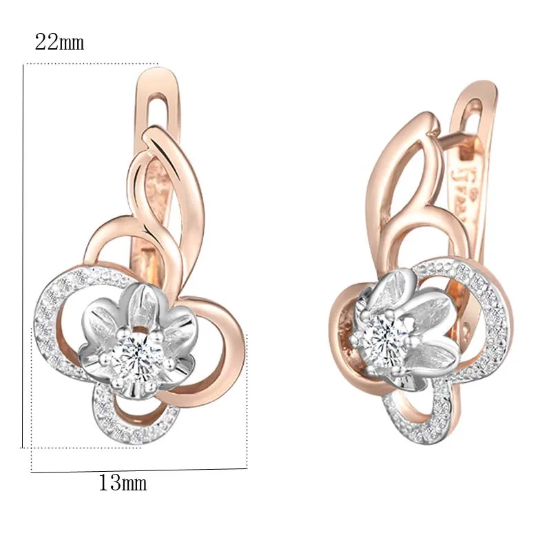 Женские серьги подвески с фианитами FJ белыми цветами и цвет под золото 585 пробы 2