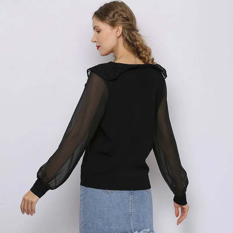 

Ruffled Solid O-neck Mesh Patchwork Long Sleeve Knitted Shirt Women Tops Spring Summer Korean Wild Sweet Sweater Blouses T20622