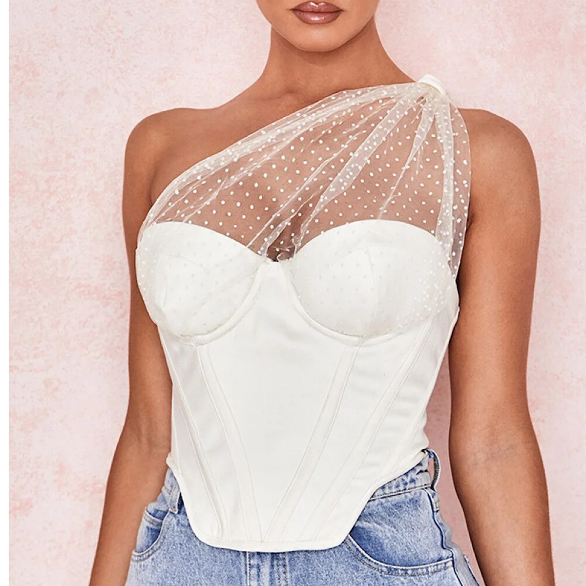 

New See Through Mesh Sexy Crop Top Women Polka Dot Padded Crop Tops Sleeveless One Shoulder Corset Bustier Boned Tank Top