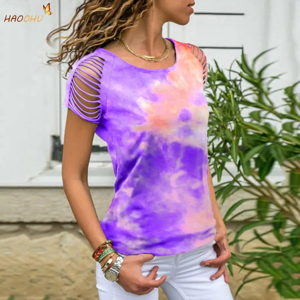 

HAOOHU 2021 New Hot Sale Tie-Dyed Ripped Burnt Flower off-Shoulder Short Sleeve T-shirt For Women Oversized T-shirt