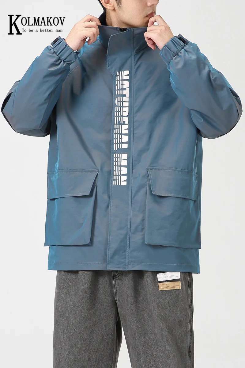 

KOLMAKOV Men's Spring Clothes Reflect Bright Colors Tooling Jacket Oversized Loose Solid Color Coat Male Overcoat Size M-5XL