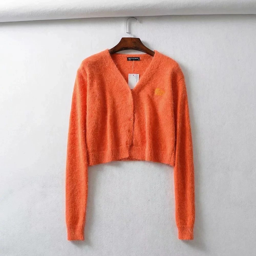 Весенний черный кардиган до талии с кроличьим мехом женский укороченный свитер