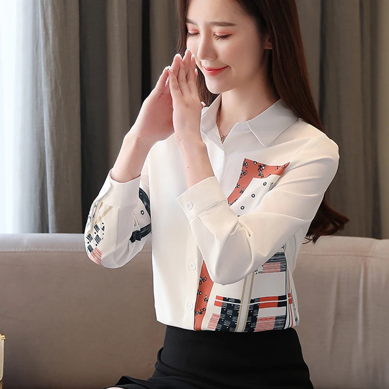 2021 New Korean Spring Chiffon Print Women Blouse Long Sleeve Ladies White Shirt Tops Female Button Blusas High Quality Clothing | Женская