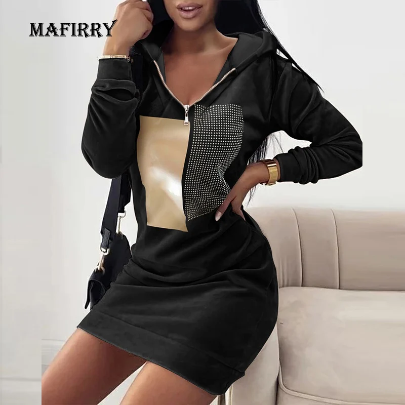 

2022 Casual Loose Streetwear Oversized Long Tops Harajuku Femme Zipper Straight Hoodies Dress Women V Neck Long Sleeve Pullovers