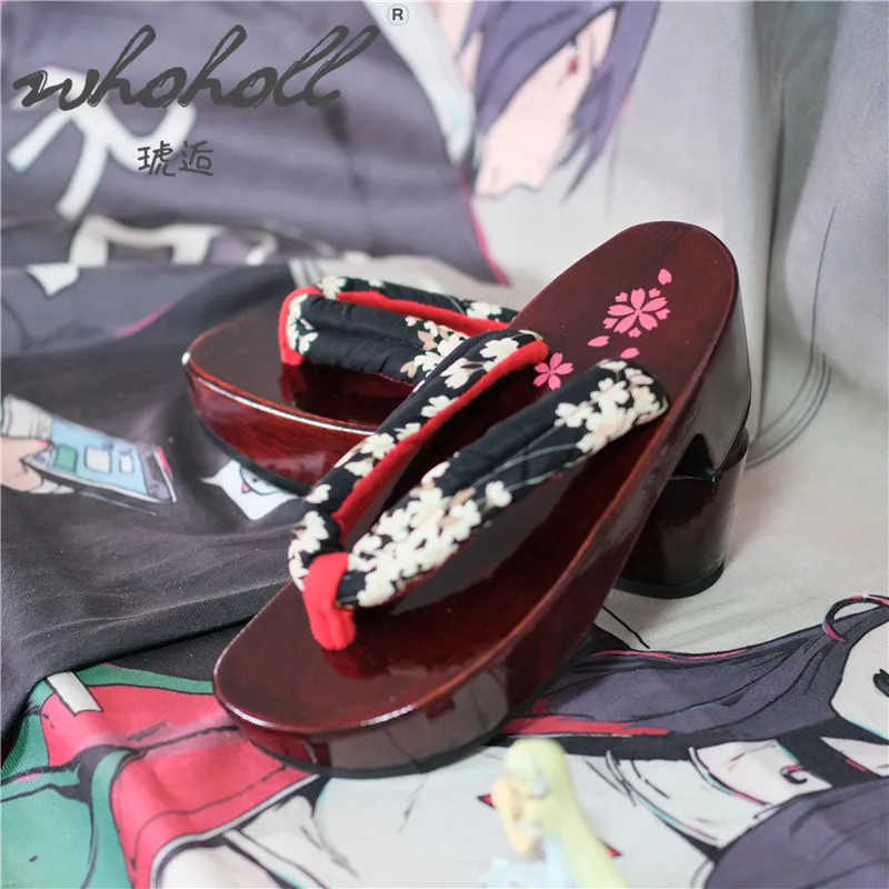 WHOHOLL Geta Japanese Clogs Women Slippers Flip Flops Wood Wedge Sandals Red Bottom Sakura Print cosplay shoes | Тематическая