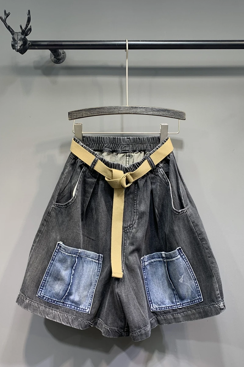 

Denim Shorts Button Pockets Streetwear Ripped-Holes Plus-Size High-Waist Women DM001