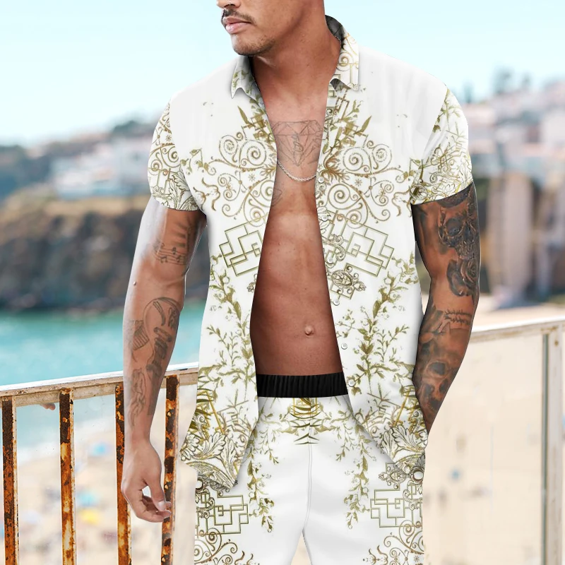 

New Men Hawaiian Sets Printing 2021 Summer Short Sleeve Button Shirt Beach Shorts Drawstring Streetwear Casual Mens Suit
