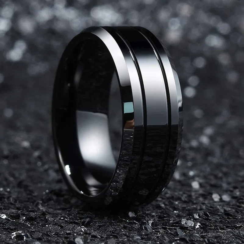 

Fashion 8MM Men's Black Stainless Steel Ring Brick Pattern Brushed Double Groove Engagement Ring Women Wedding Party Jewelry