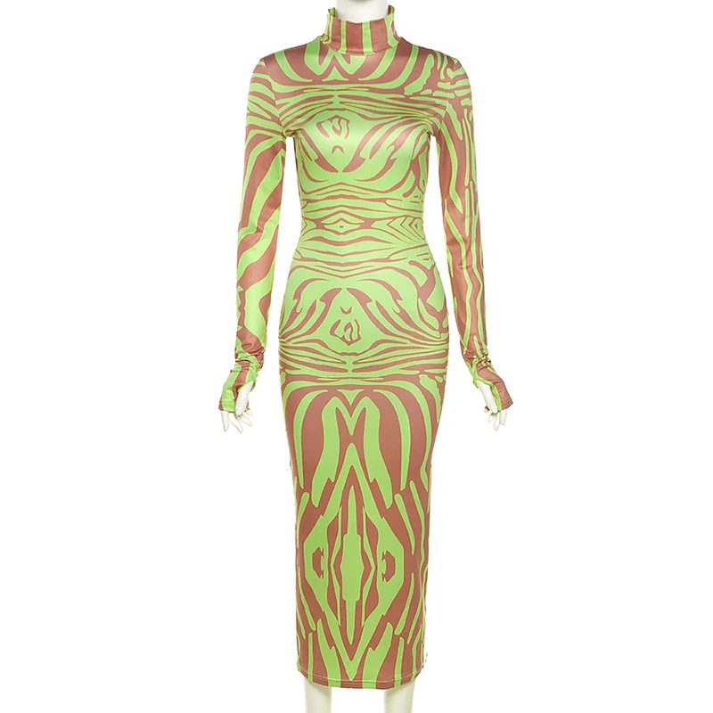 

NOVAINSPO Fashion Casual Workout Skinny Midi Dresses One Piece For Women 2021 O Neck Long Sleeve Printing Elegant Dress Spring
