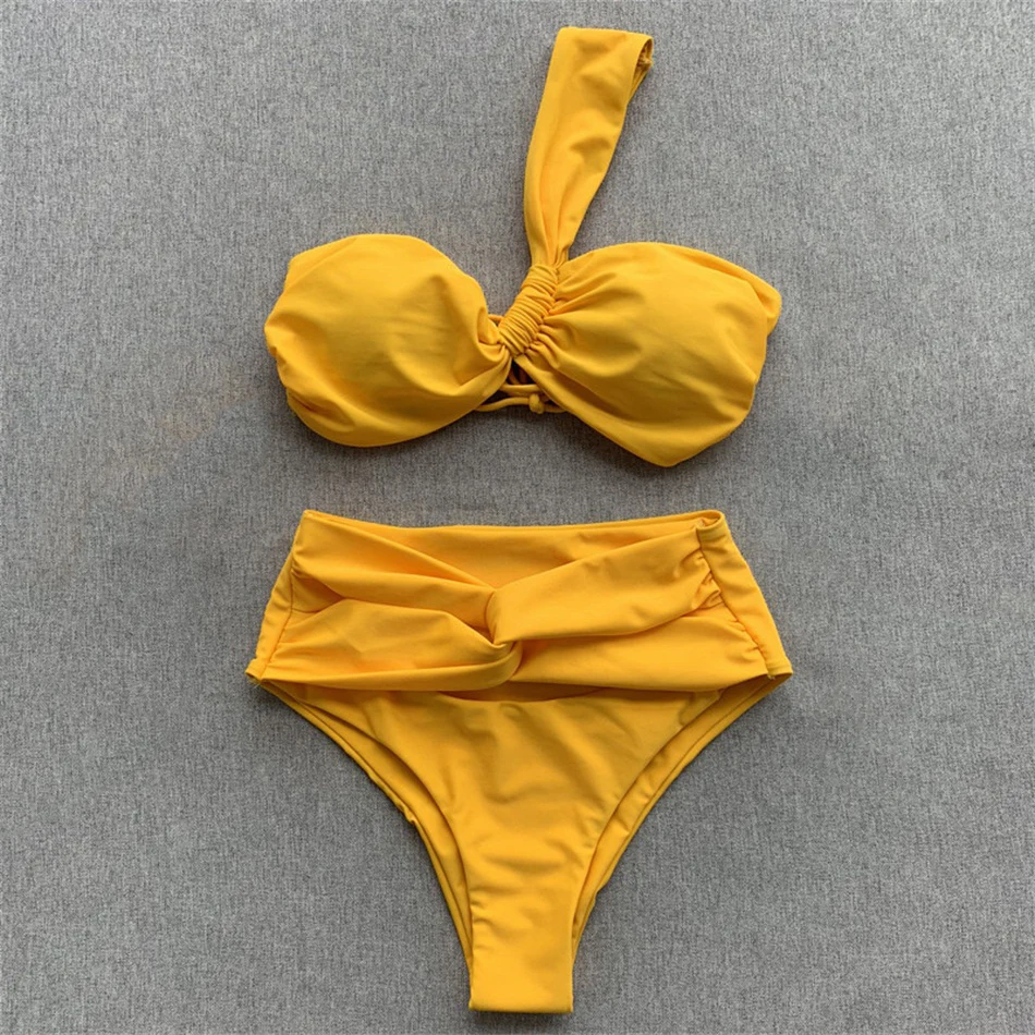 Женский купальник с высокой талией однотонный бикини одним плечом бандо бандаж