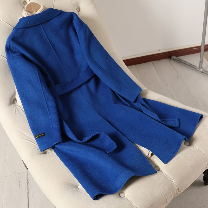 2019 Double-sided Cashmere Overcoat Female Long Style Skinny Korean 100% Wool Fabric Solid Belt Fashion | Женская одежда