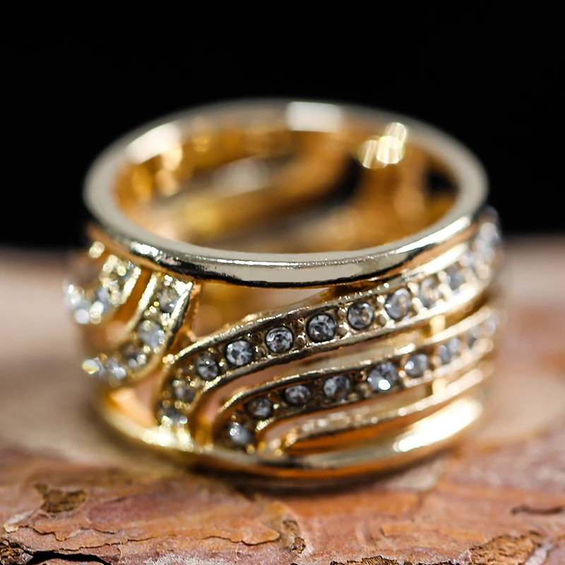 Уникальный Стиль большое Золотое кольцо на палец с кристаллами для вечерние