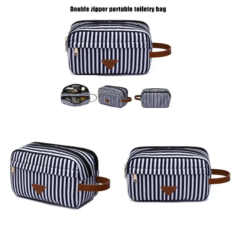 

Travel Toiletry Cosmetic Organizer Bag, Double Layers Canvas Shaving Kit Stripe Pouch Portable Small Items Bags 26 * 12 * 16CM