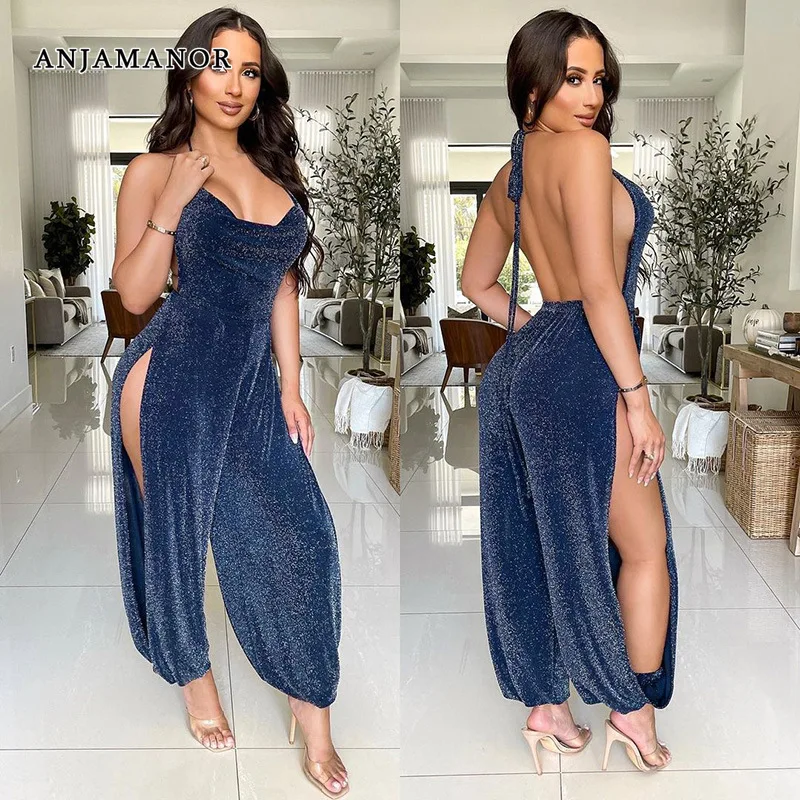 

ANJAMANOR Slit Halter Backless Jumpsuit Women Clothing 2022 Summer Vacation Outfits Elegance Sexy Party Night Club Wear D66-DF23