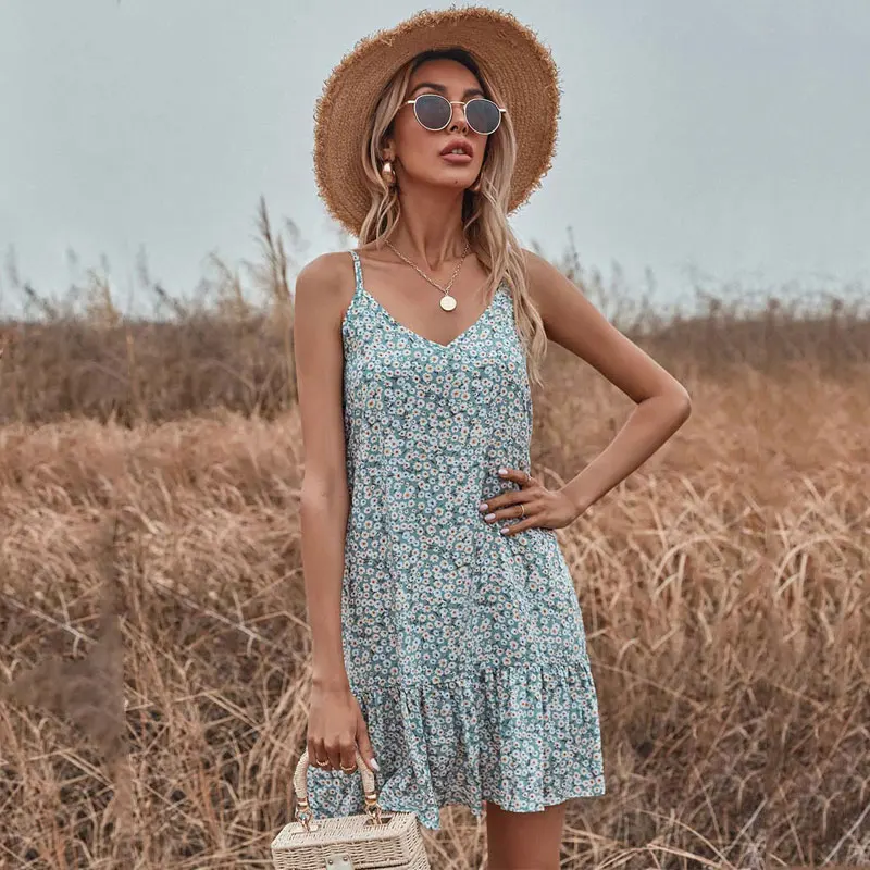 

Женское цветочное мини-платье, короткое праздвечерние чное платье на бретелях-спагетти с открытой спиной и V-образным вырезом, лето 2021