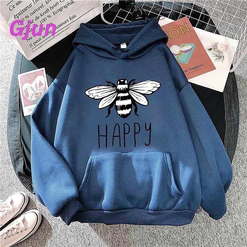 

Bee Happy Winter Hoodies Loose Sweatshirt Woman Harajuku Kawaii Letter Long Sleeve Female Pullover White Oversized Hoodie Coat