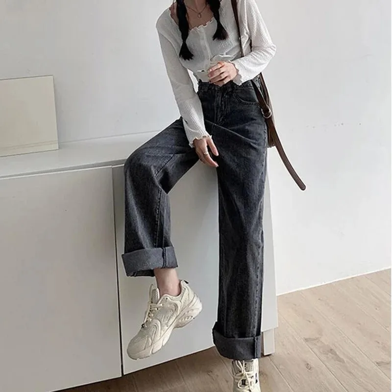 

Woman Jeans High Waist Clothes Wide Leg Denim Clothing Blue Streetwear Vintage Quality 2021 Fashion Straight Pants