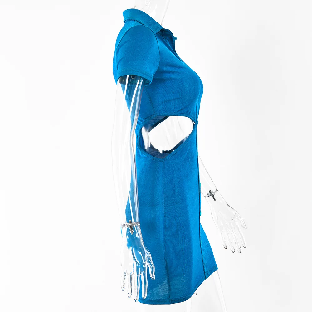 

Ladies Sexy Solid Hollow Stitching Short-Sleeved Single-Breasted Cardigan Skirt Female Fake Two-Piece 2021 Summer Paty Dress