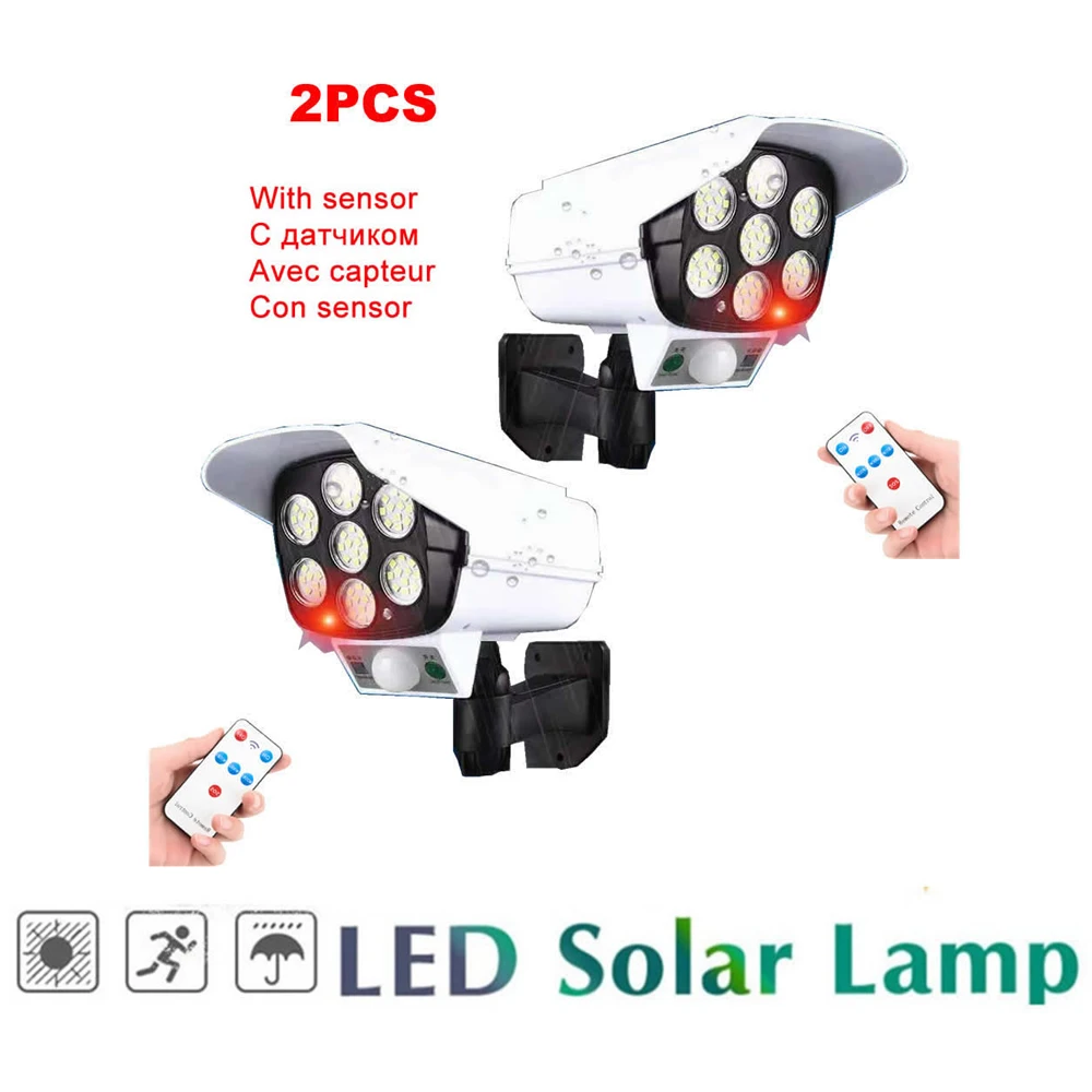 

2pcs remote solar fake monitor dummy camera Light Lamp PIR Motion Sensor Spotlight Waterproof Outdoor Adjustable Angle Lights Fo