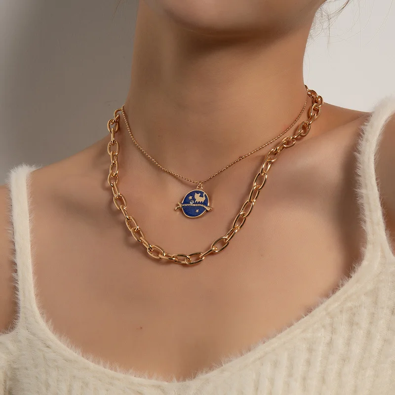 

Vintage Boho Multilayer Choker Enamel Round Cat Pendant Chain Gold Silver Color Hip Hop Necklace for Women Fashion Jewelry Gift