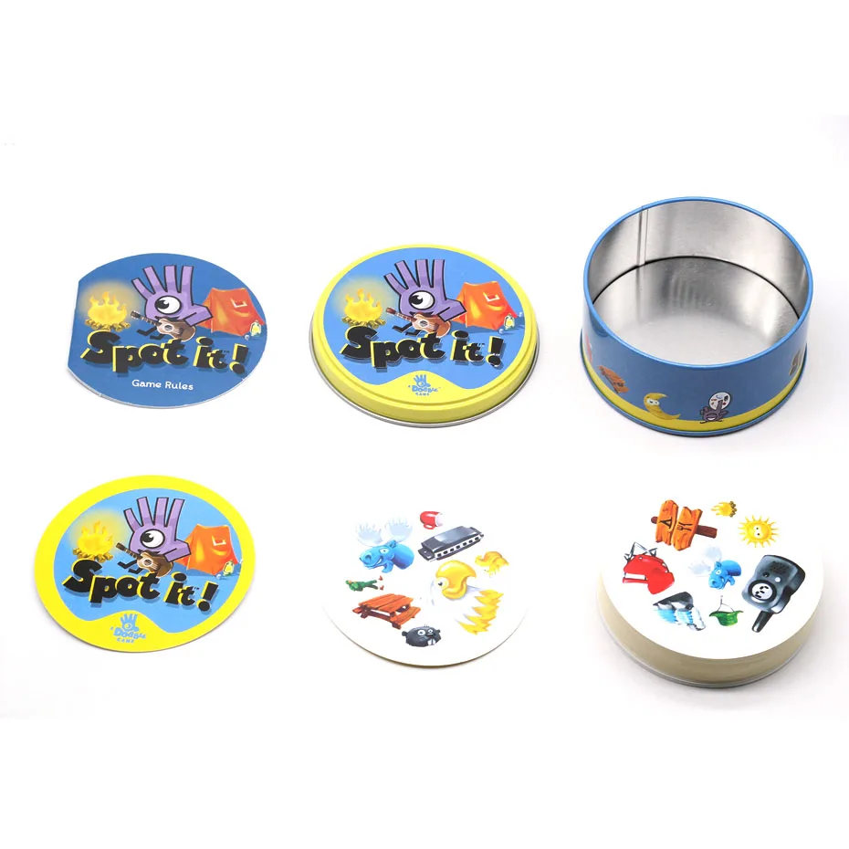 

Dobble Spot It Iron Box 55 Cards Table Board Game for Kids Spot Cards It Holiday Camping Metal Tin Box SHALOM Basic English Toys