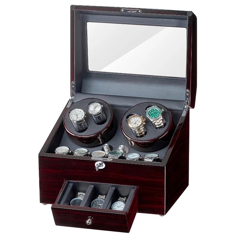 

Automatic Ebony Baking Finish Watch Winder Display Box 4+9 Storages Black PU Leather Interior