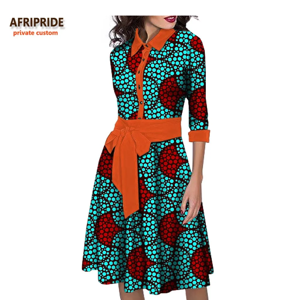 Платье женское весеннее до колен с отложным воротником и поясом|Африканская